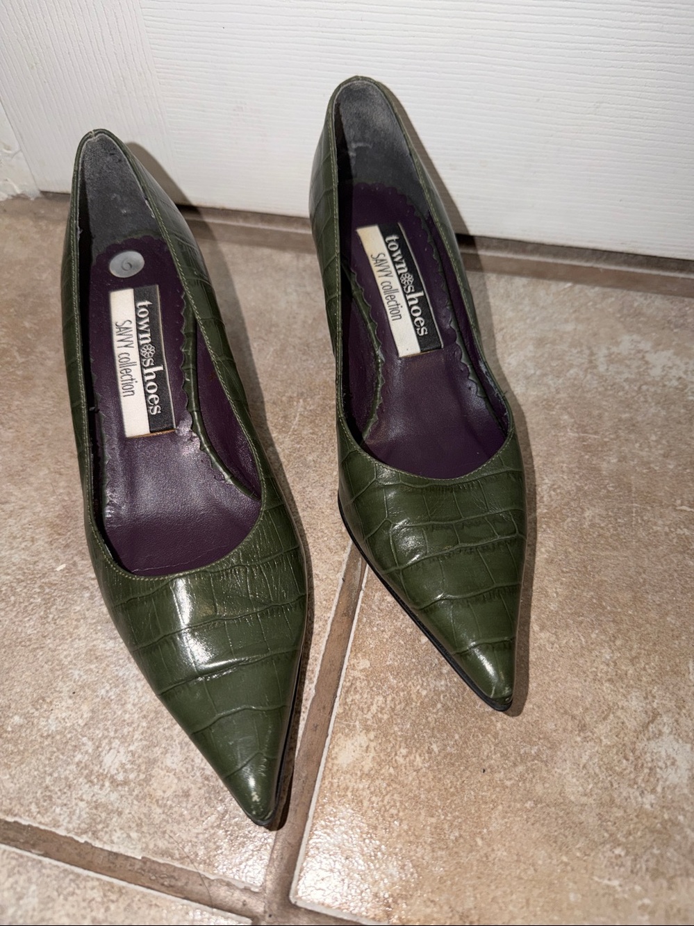 Green Croc-Embossed Pointed Toe Kitten Heels by